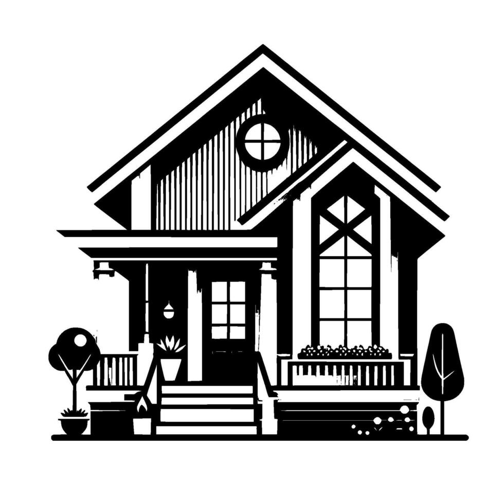 A stylized blackandwhite illustration of a charming house with architectural details, porch, trees, and minimalistic landscaping. vector