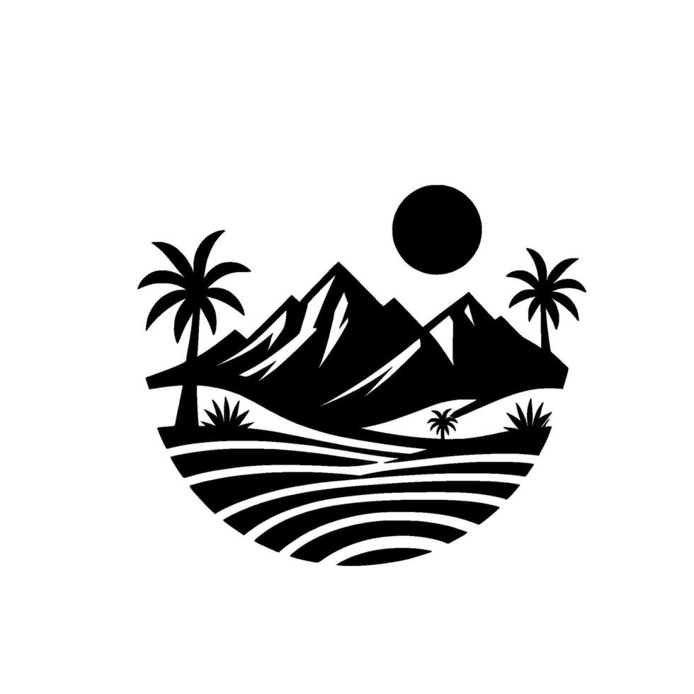 Minimalist Black and White Landscape Mountains, Palm Trees, Sun, and Striped Foreground Within a Circular Frame. vector
