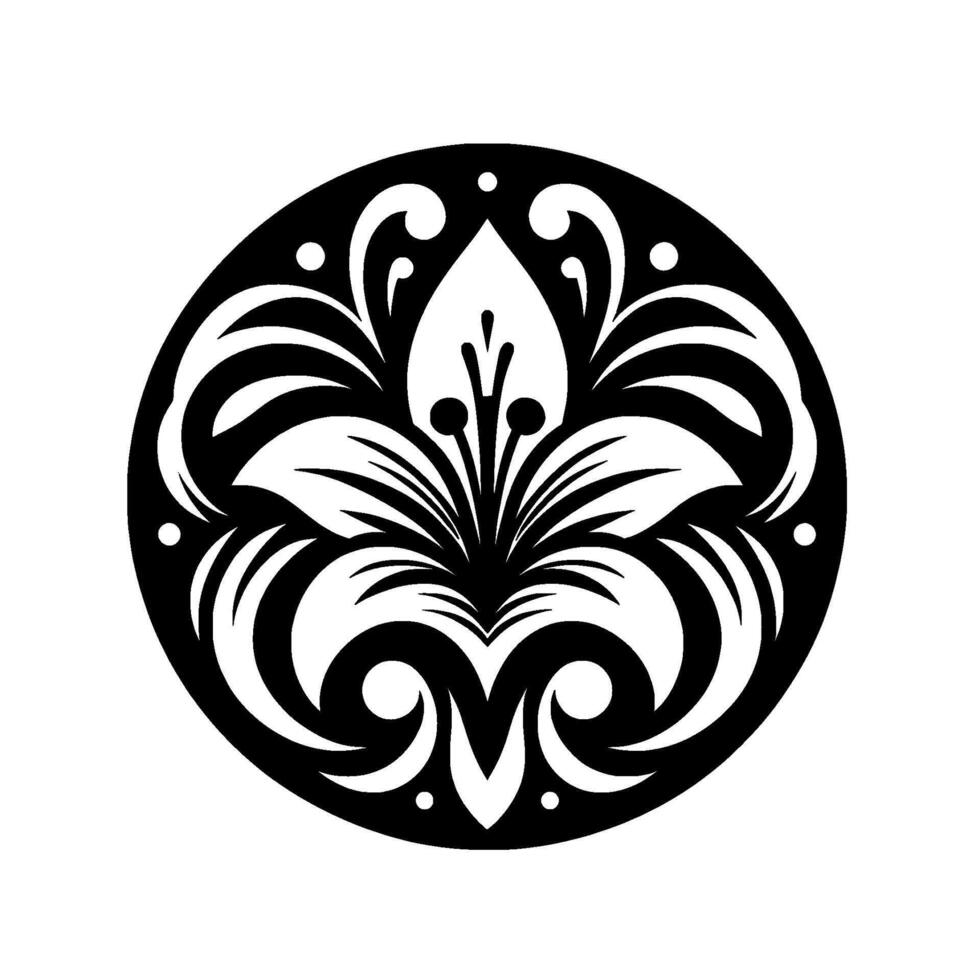 Intricate Black and White Floral Mandala in a Circular Frame, Featuring a Lily with Elegant Swirls and Dots. vector