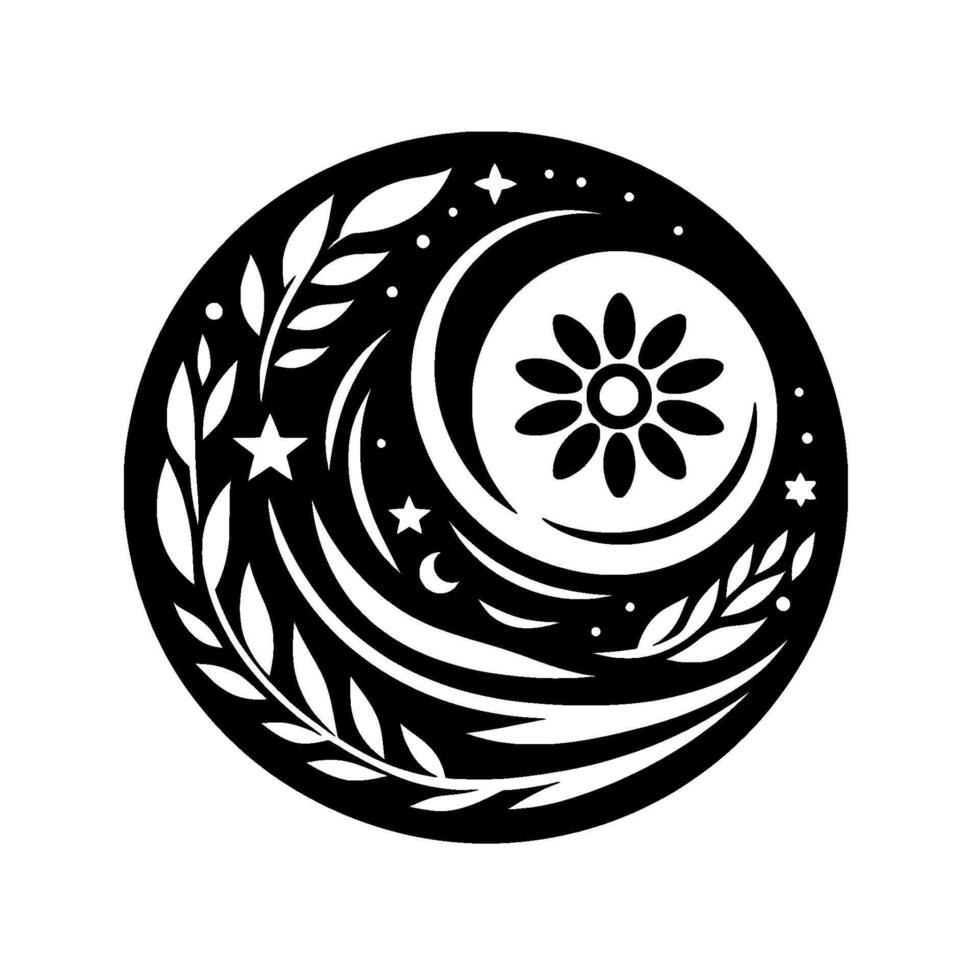 Celestial Mandala Black and white circle art with a central flower, crescent moon, stars, and botanical elements, evoking serenity. vector