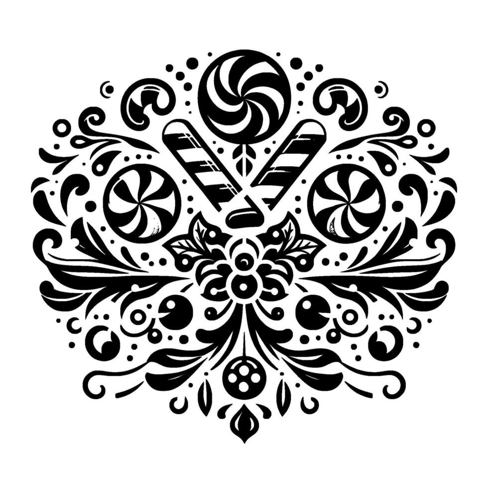 Symmetrical Black and White Ornament Featuring Candies, Lollipops, and Floral Elements. vector