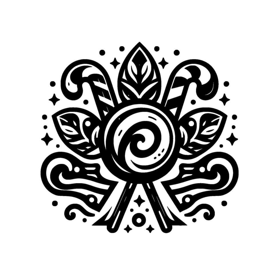 Stylized black and white symmetrical illustration featuring a central swirl, candy canes, leaves, and stars. vector