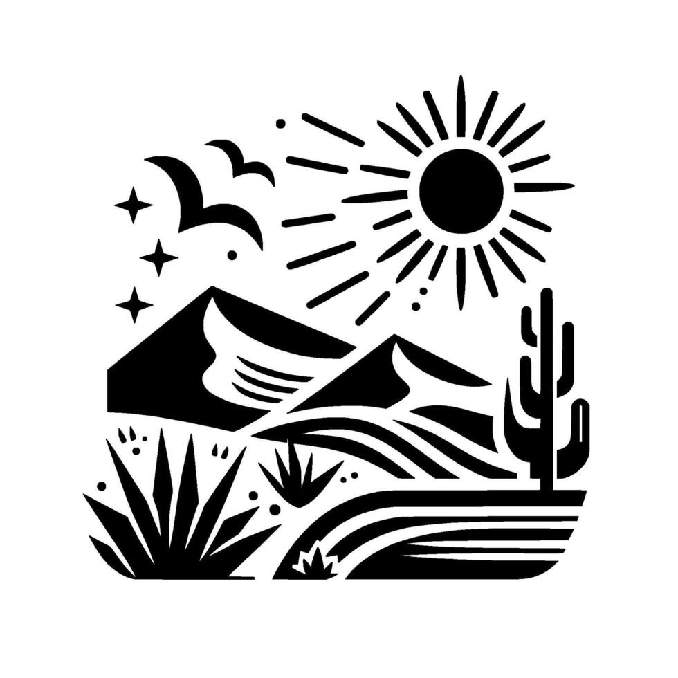 Black and white minimalist desert landscape illustration featuring mountains, a radiant sun, birds, stars, cactus, and flora. vector