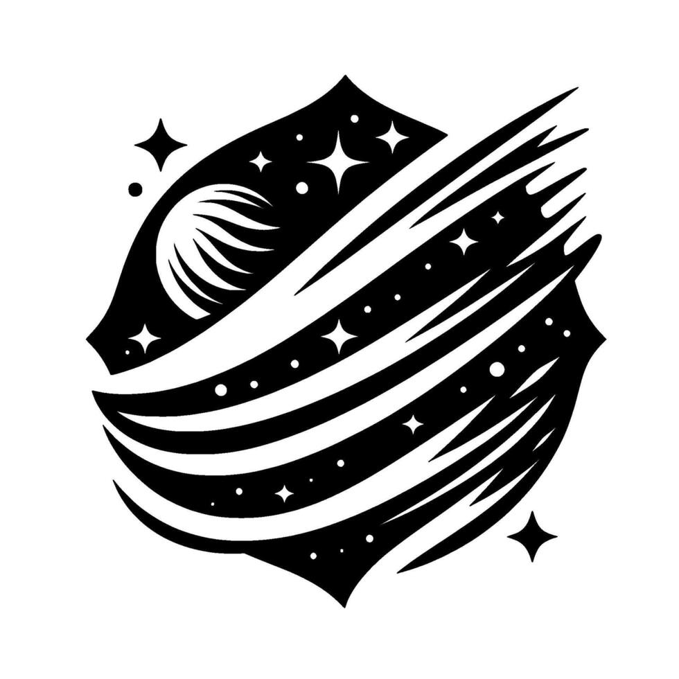 Abstract Monochrome Illustration Celestial Shield with a Palmlike Orb, Streaming Lines, Stars, and a Dot Pattern. vector