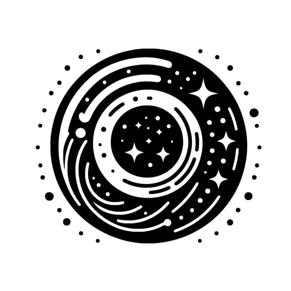 Stylized monochrome cosmic illustration featuring a black and white celestial body with spiraling patterns, stars, and dots creating an outer space theme. vector