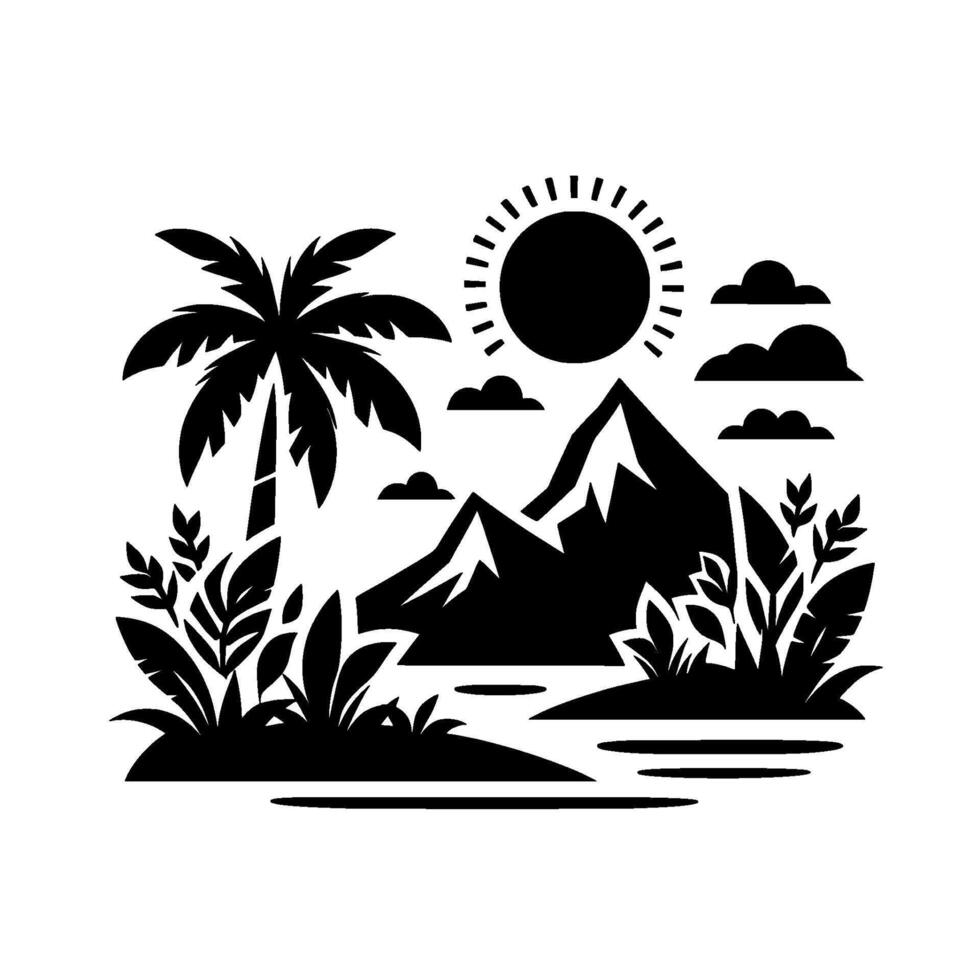 Black and white stylized landscape featuring a palm tree, mountains, sun, clouds, and tropical foliage, evoking serenity. vector