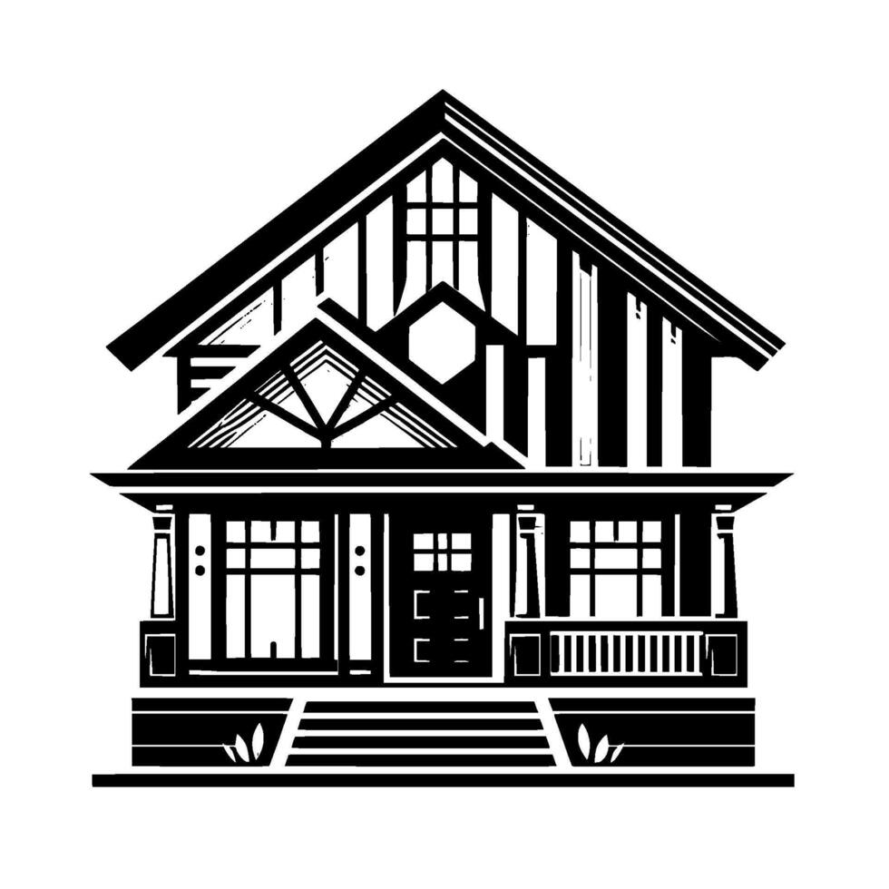 Geometric Black and White Architectural Illustration of a Modern TwoStory House with Geometric Details and a Porch. vector