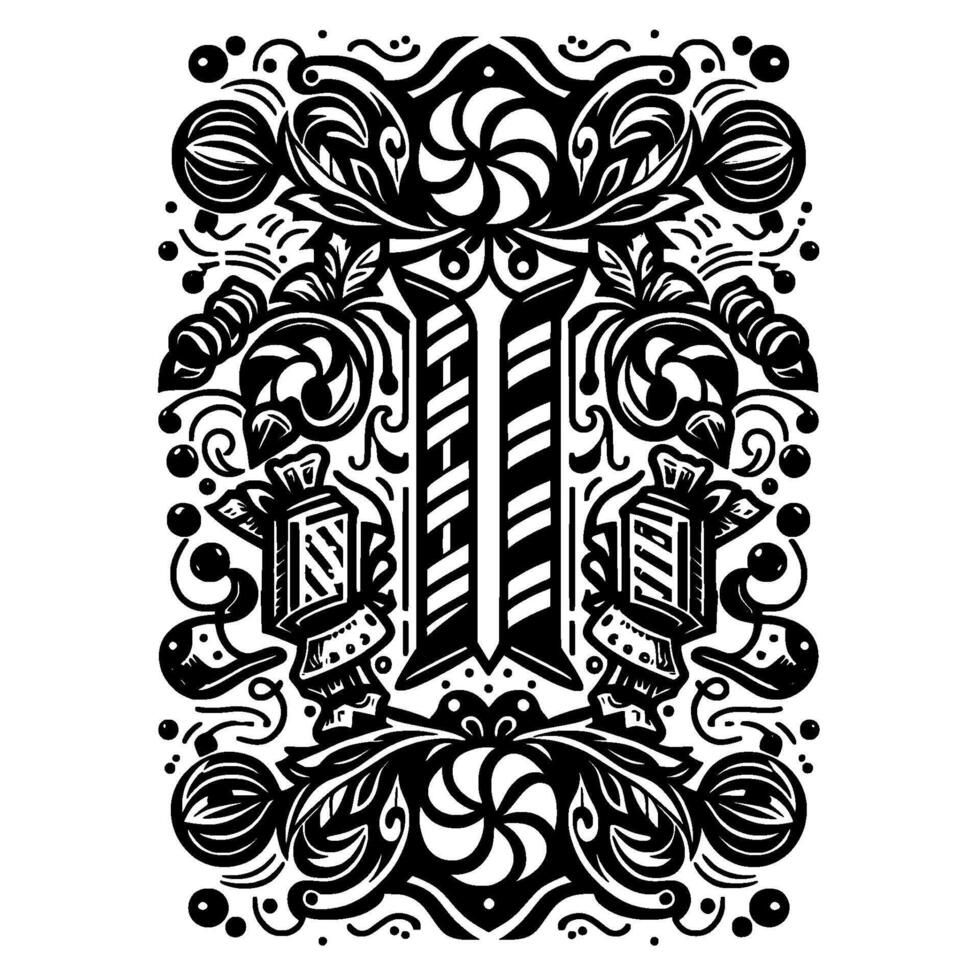 Ornate Black and White Decorative Illustration Featuring Stylized Candies, Peppermints, and Floral Elements on a White Background. vector