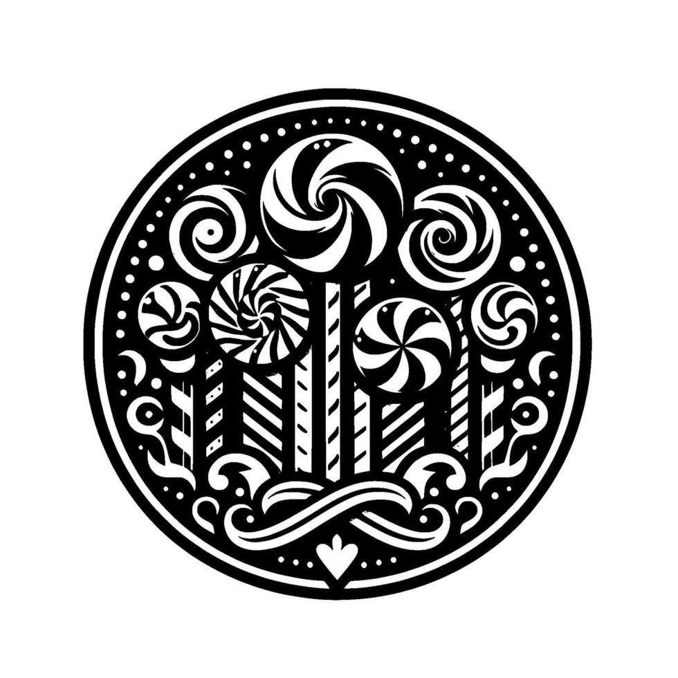 Intricate Black and White Circular Design Stylized Candy Forest, Whimsical Spirals, Lollipops, Ornamental Details, Decorative Border, Isolated vector
