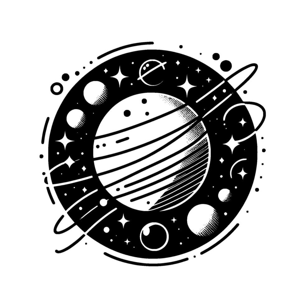 Circular, Stylized Black White Celestial Illustration Planet, Stars, Moons, and Ringed Orbitals in a Cosmos vector