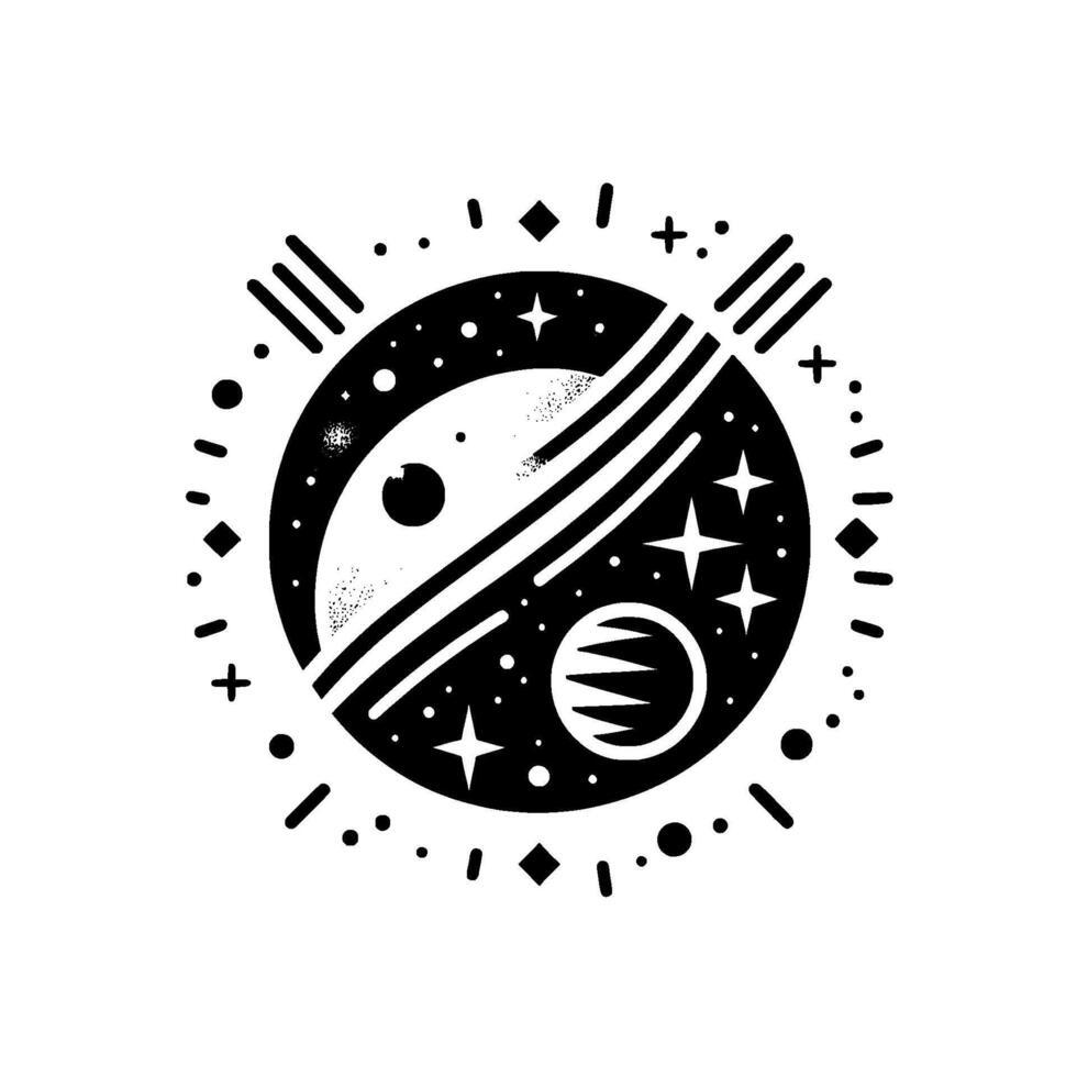 Celestial Yin Yang Black White Illustration of Planets, Stars, Rings in a Circular Cosmic with Minimalist Aesthetics. vector