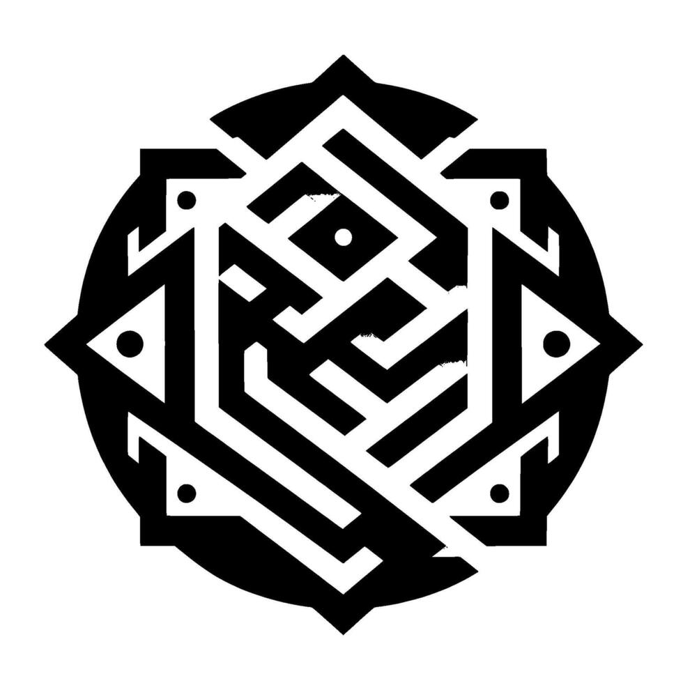 Intricate Monochrome Geometric Mandala Featuring Angular Shapes, Circle, and Optical Illusion Patterns for Modern Art and Logos. vector