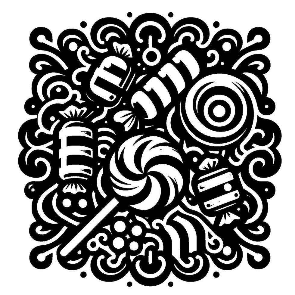 Whimsical monochrome illustration Swirls of decorative curls surround an assortment of stylized candies, lollipops, and wrapped sweets in a playful, artistic design. vector
