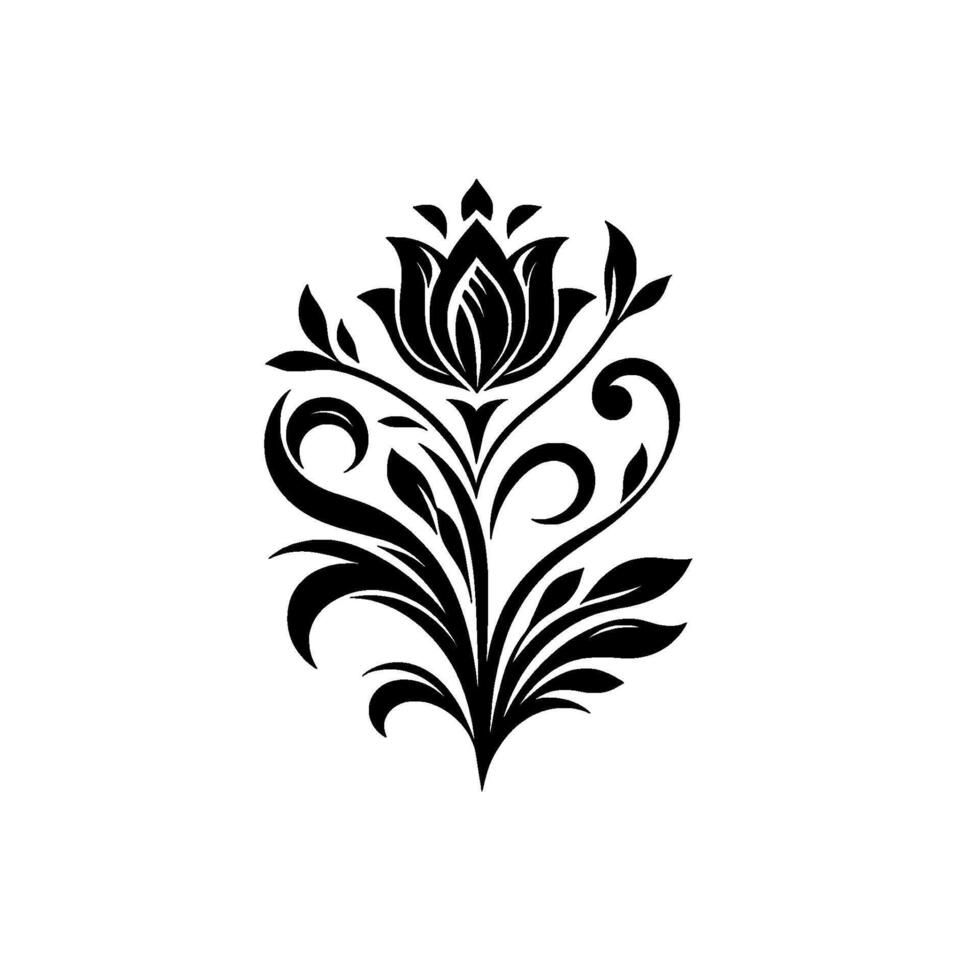 Intricate Black and White Floral Illustration Depicting a Stylized Blossom with Spiraling Vines and Leafy Accents. vector