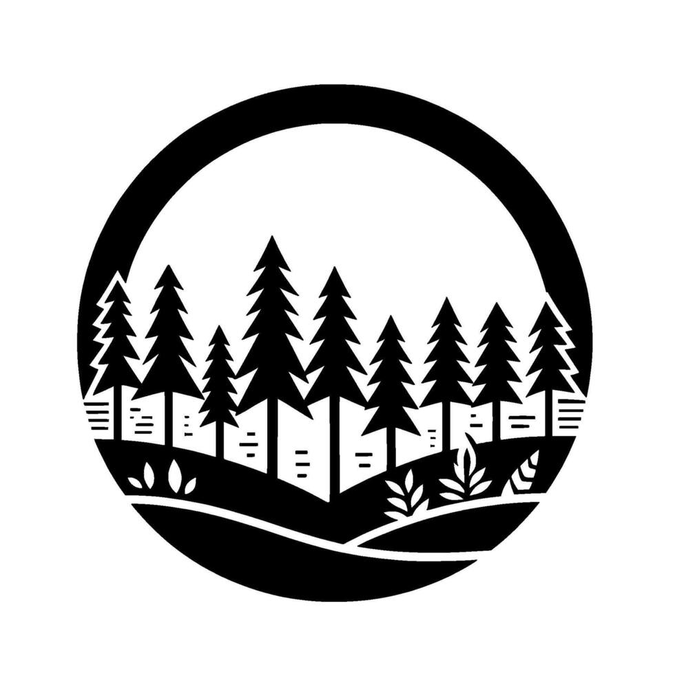 Black and White Illustration of a Forest Scene Enclosed in a Circular Frame, Featuring Pine Trees and Foliage. vector
