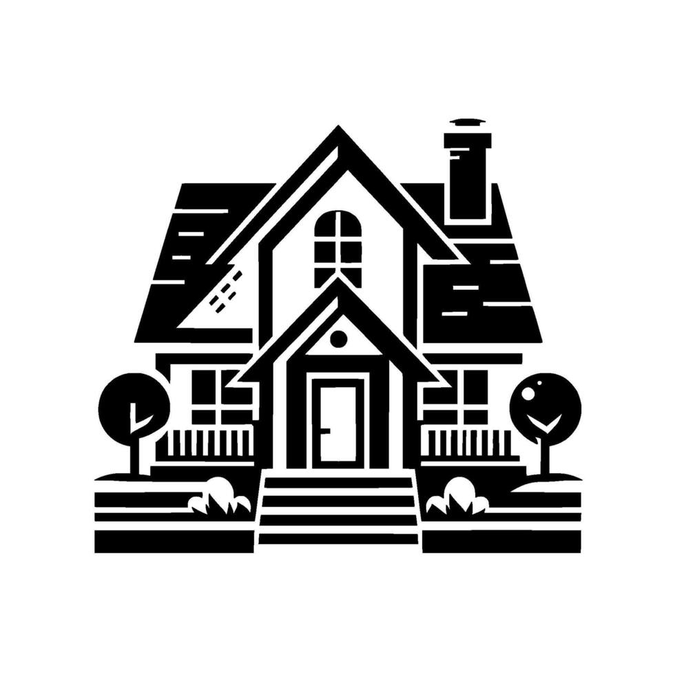 Stylized Black White Illustration of a House with Chimney, Trees, Steps, and a Porch, Isolated on White. vector