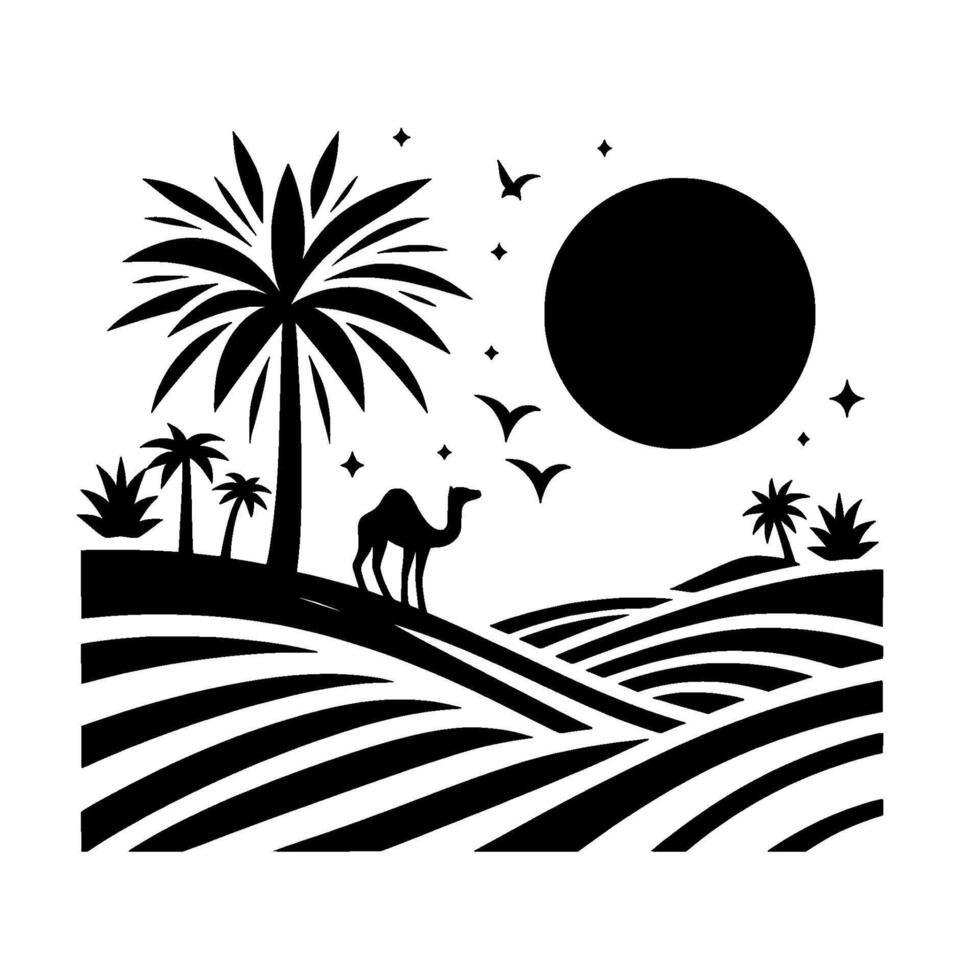 Silhouette of a desert landscape at night, featuring a camel, palm trees, rolling sand dunes, a large black sun, stars, and flying birds. vector