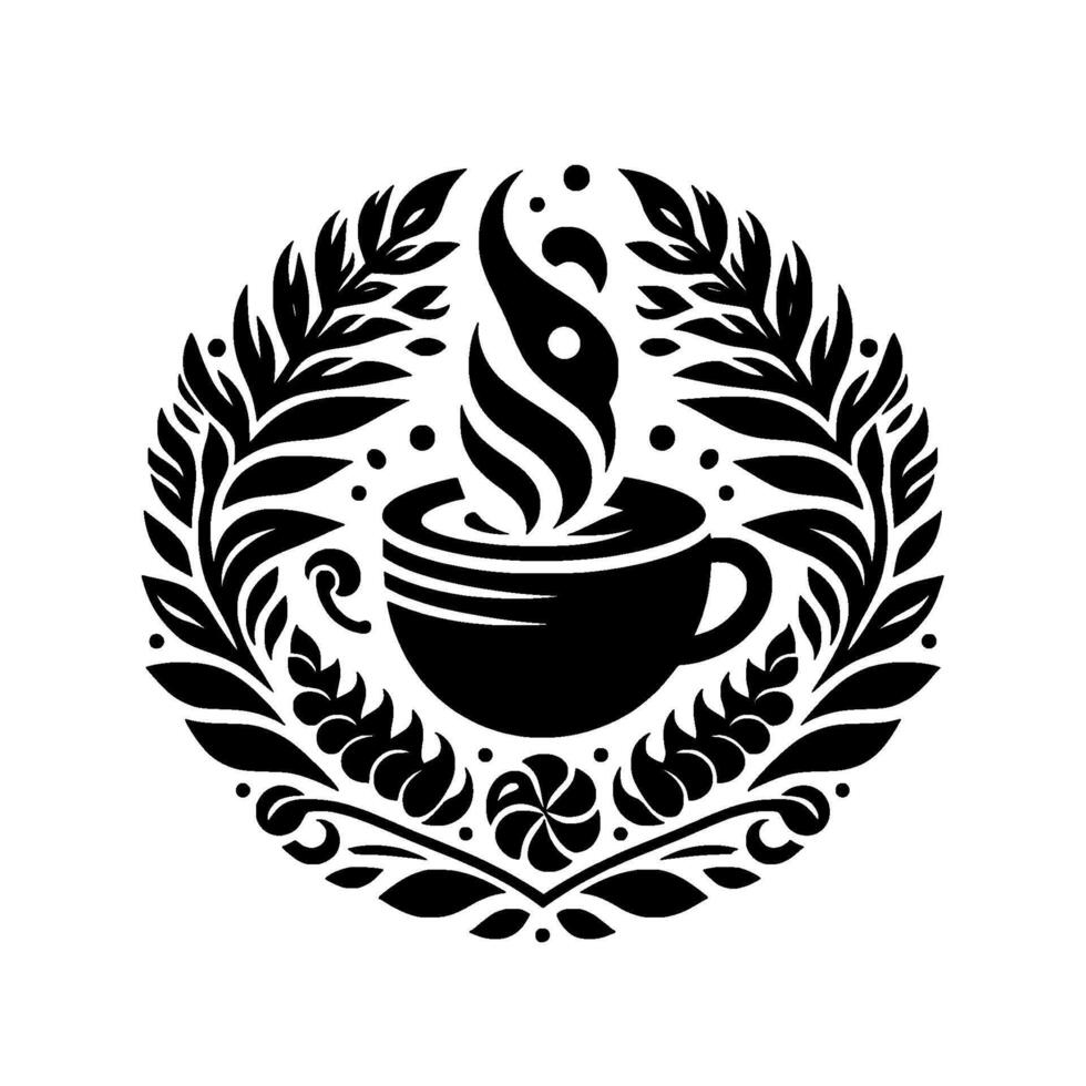 A stylized, black and white illustration of a steaming coffee cup, encircled by an intricate, floral wreath, radiating warmth and serenity. vector