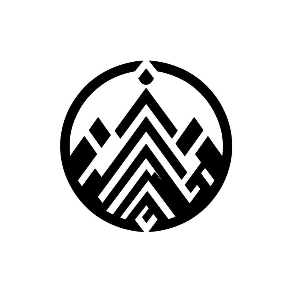 Modern Geometric Mountain Design Black and white circle featuring stylized peaks and a minimalist aesthetic, with a simple droplet above the tallest peak. vector