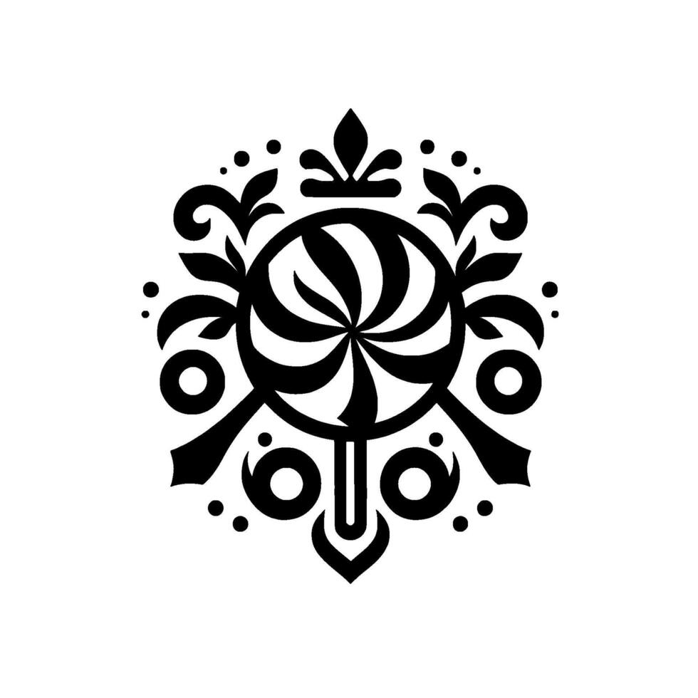 Intricate black and white circular emblem, featuring swirled lollipop centerpiece, floral flourishes, and dot accents. vector