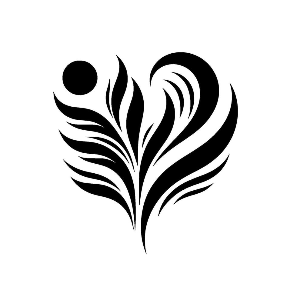 Abstract Black White Floral with a Sun and Swirling Petal Arrangement in a Graceful Heart Shape. vector