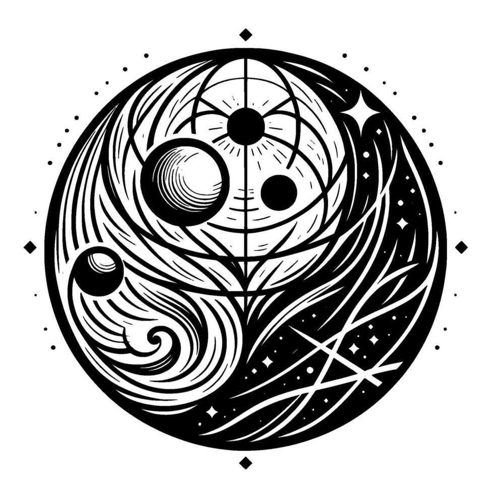Intricate Celestial Diagram Spheres, Orbits, Starfield, and Geometric Floral within a Circular Frame, Black and White. vector