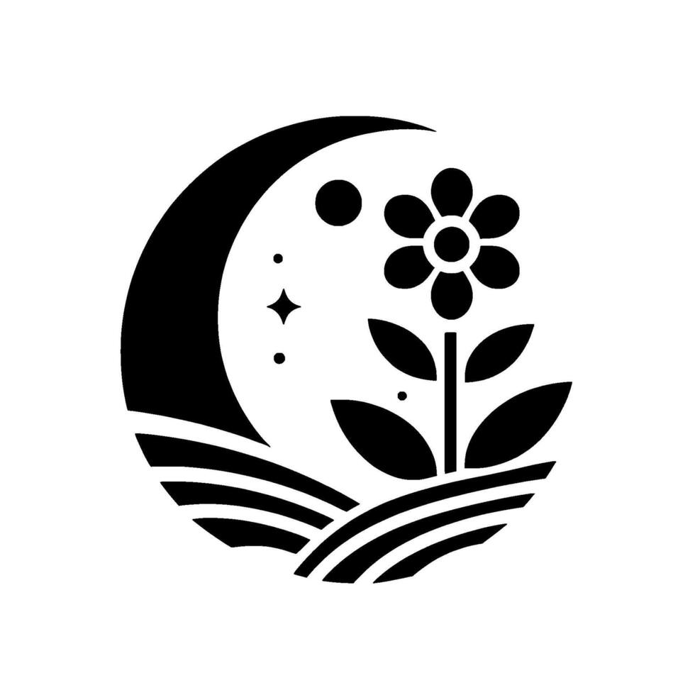 Black and white illustration of a flower blooming under a crescent moon, with stars, set against a stylized landscape. vector