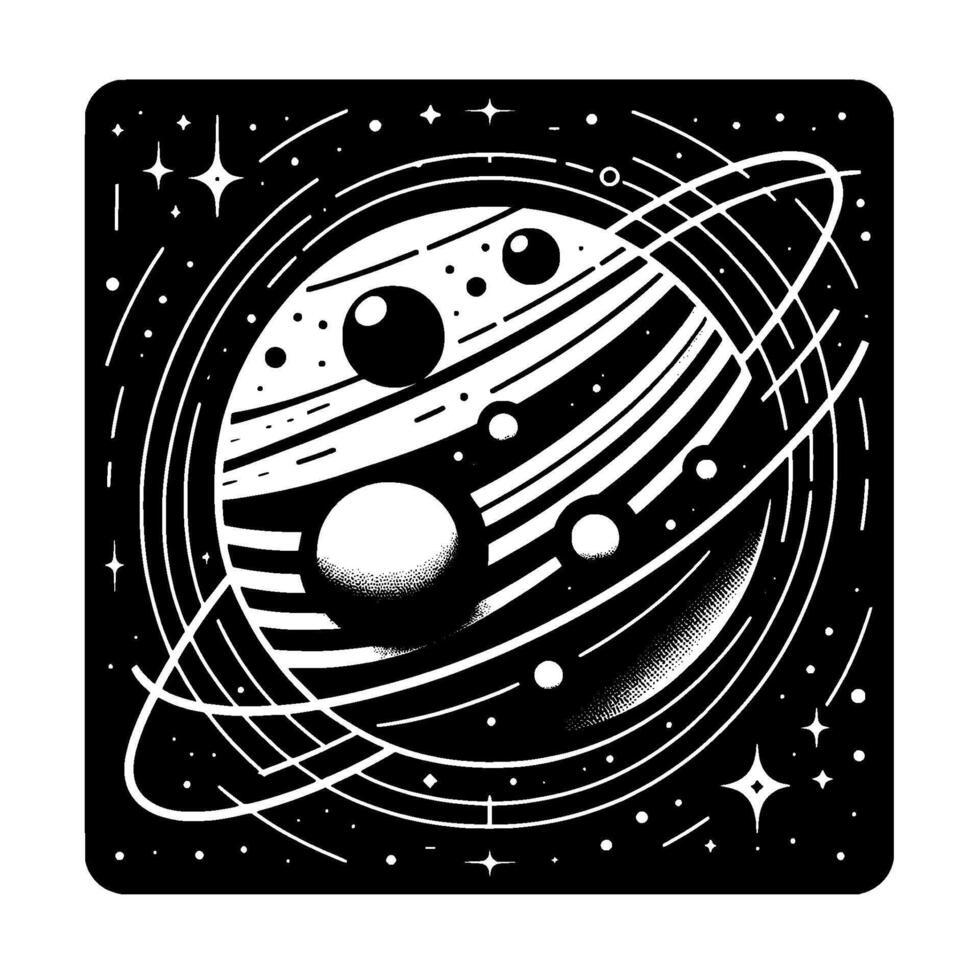 Black and White RetroFuturistic Planetary System Illustration Planets, Rings, Stars, and Celestial Spheres in a Square Frame. vector