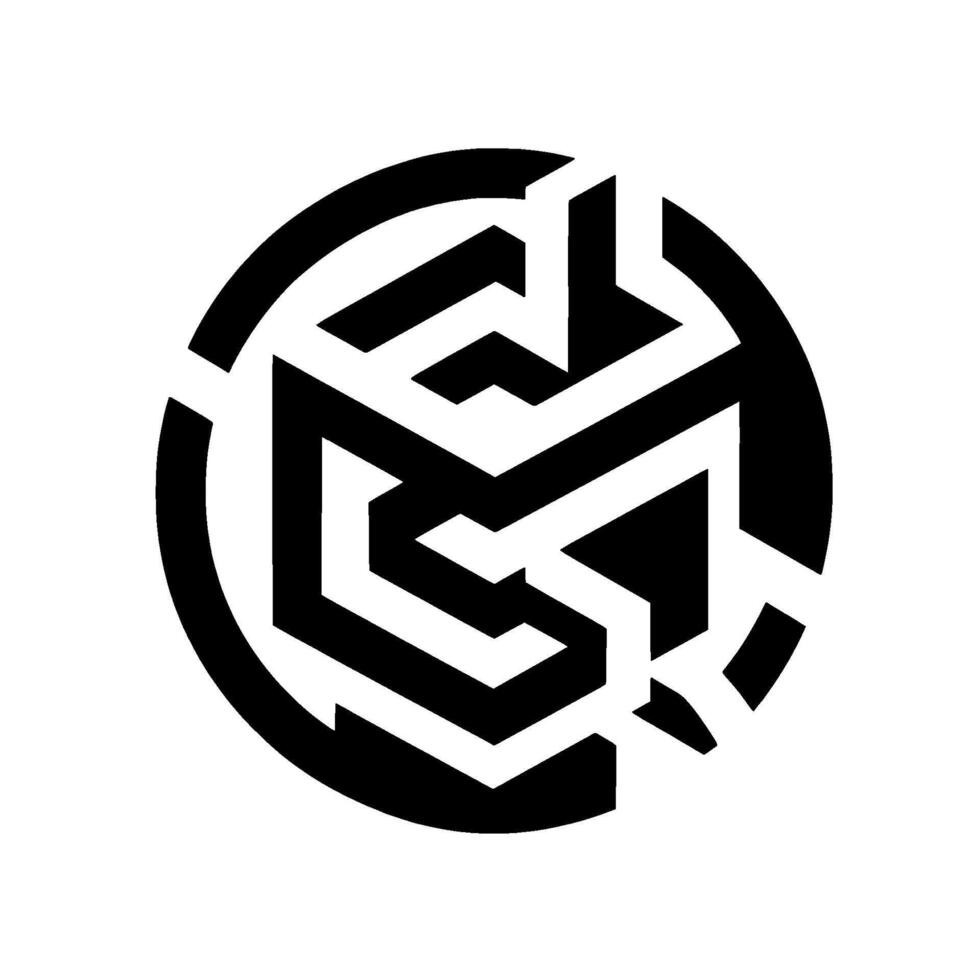 A minimalist depicting a complex, geometric of interconnected shapes and lines within a circular frame, rendered in stark black and white. vector