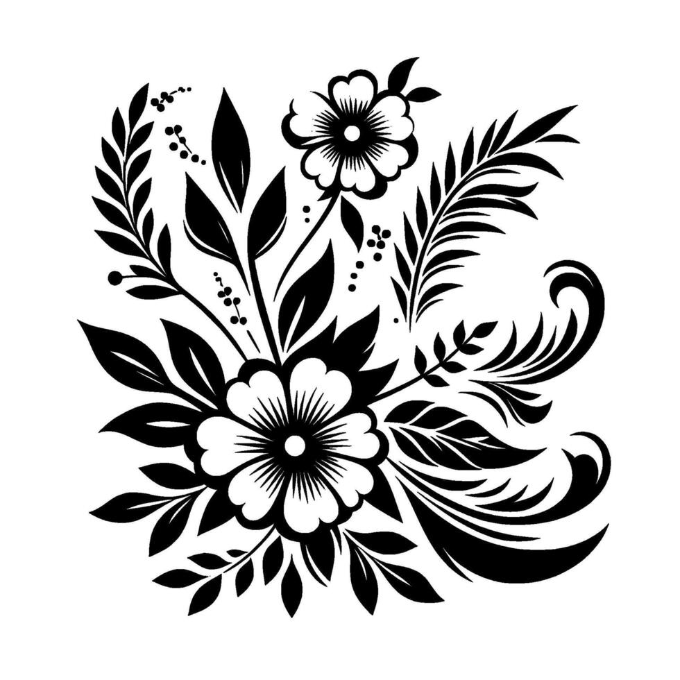 Intricate Black and White Floral with Leaves, Berries, and Ornamental Swirls, on a Plain Background. vector