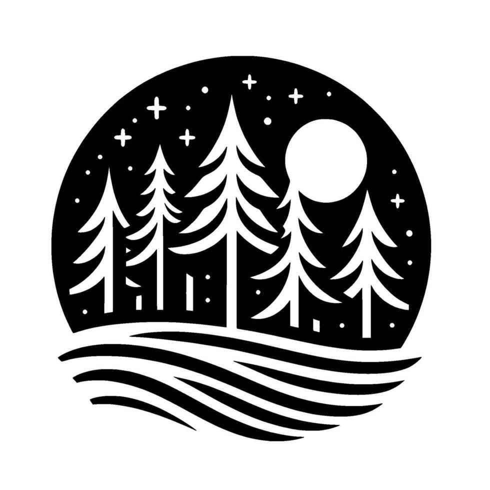 Serene Black and White Circular Illustration of a Night Forest with Conifer Trees, Stars, and a Full Moon vector