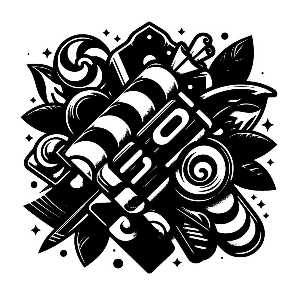 Black and white intricate pop art arrangement featuring candy, leaves, and geometric shapes with a symmetrical composition on a white background. vector