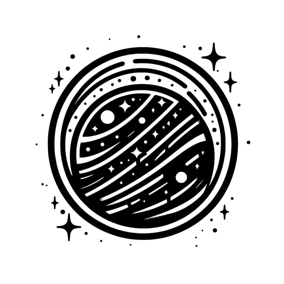 Monochromatic Space Illustration Detailed planet encircled, featuring stars, orbits, lines, and dots against white backdrop. vector