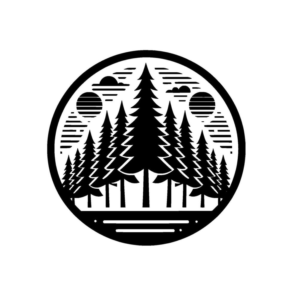 Silhouette of a pine forest within a circular frame, depicting sun, clouds, and trees in a minimalist black and white design. vector