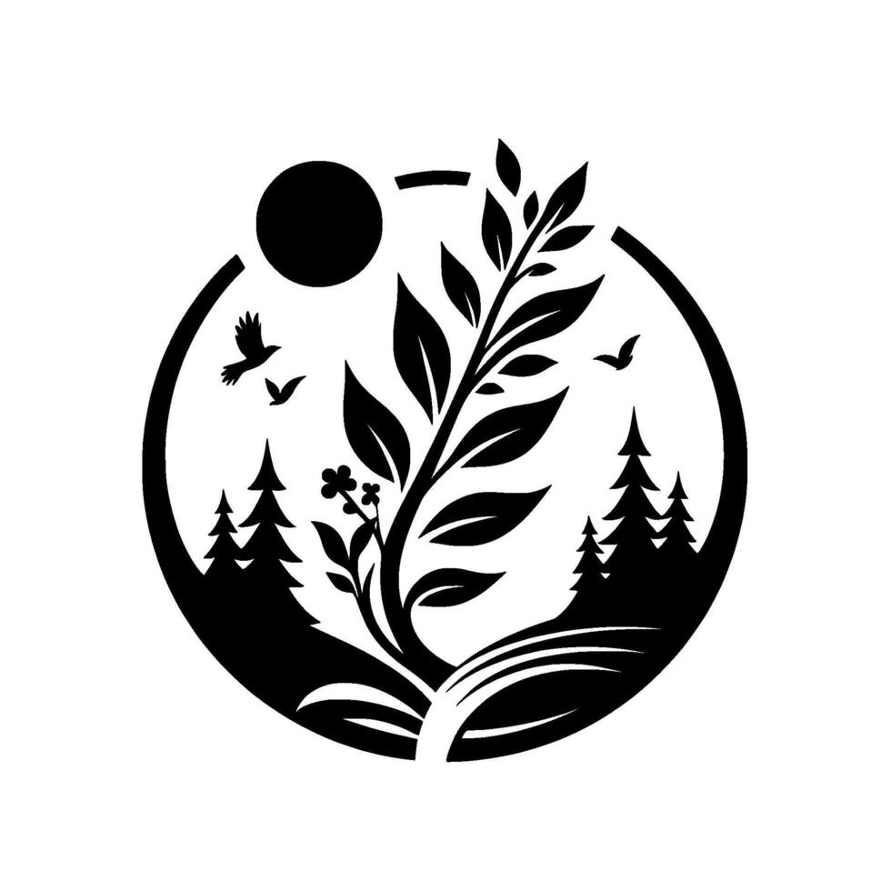 Stylized black and white circular depicting a flourishing plant, trees, birds, and sun, evoking natures harmony. vector
