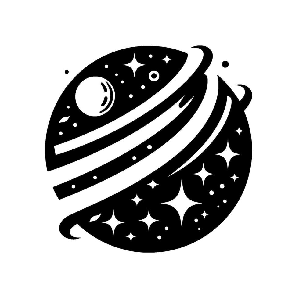 A bold black and white illustration of a planet with rings, stars, and a moon, evoking a sense of cosmic wonder. vector