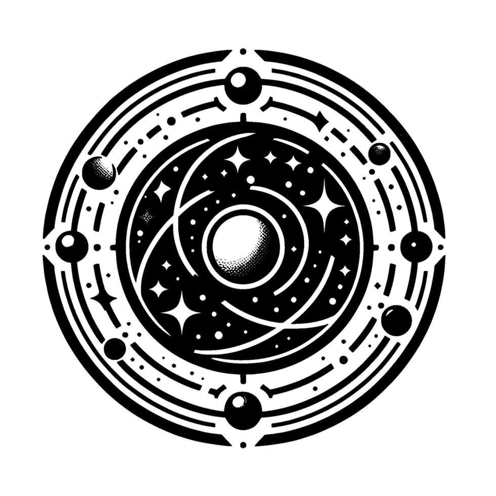 Intricate Black and White Celestial Mandala Orbiting Spheres, Stars, and Concentric Rings on White. vector