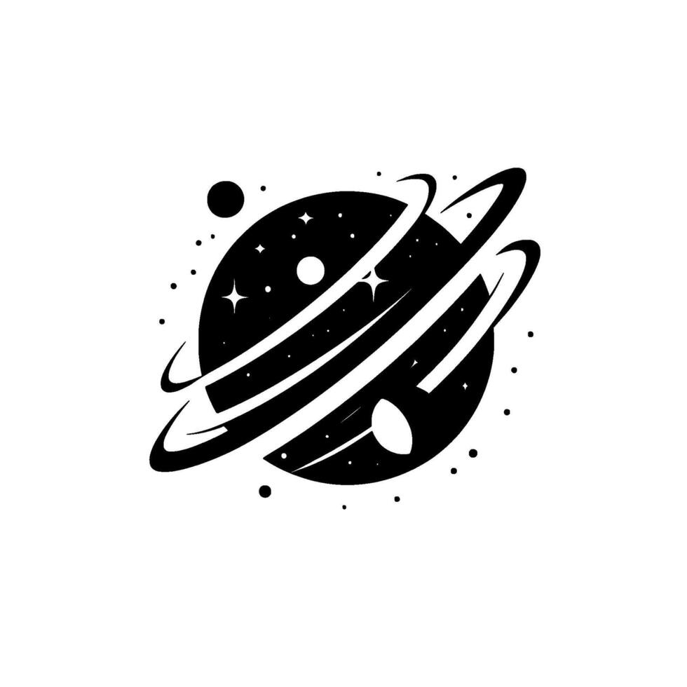 Minimalist Black and White Illustration of a Starry Planet with Rings and Celestial Orbits, Set Against a Blank White Background. vector