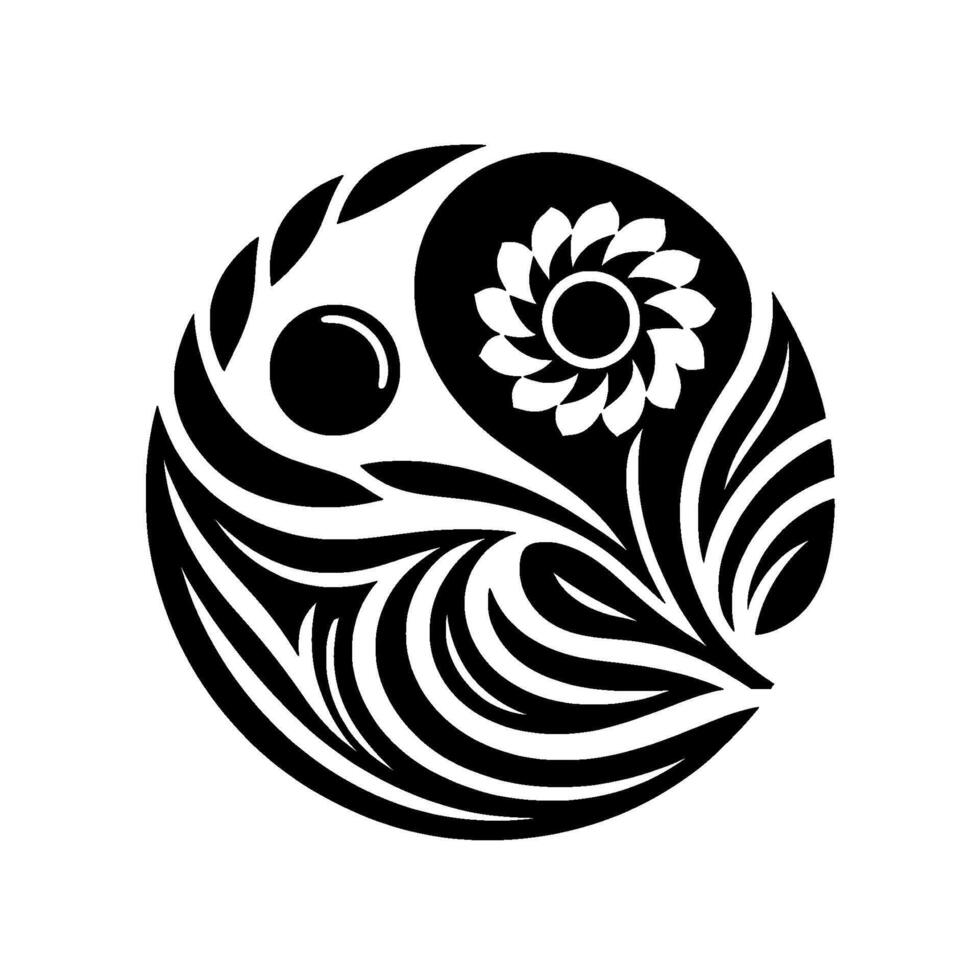Yin Yang floral , a bold black and white minimalist featuring a stylized flower, swirls and leaves in perfect balance. vector