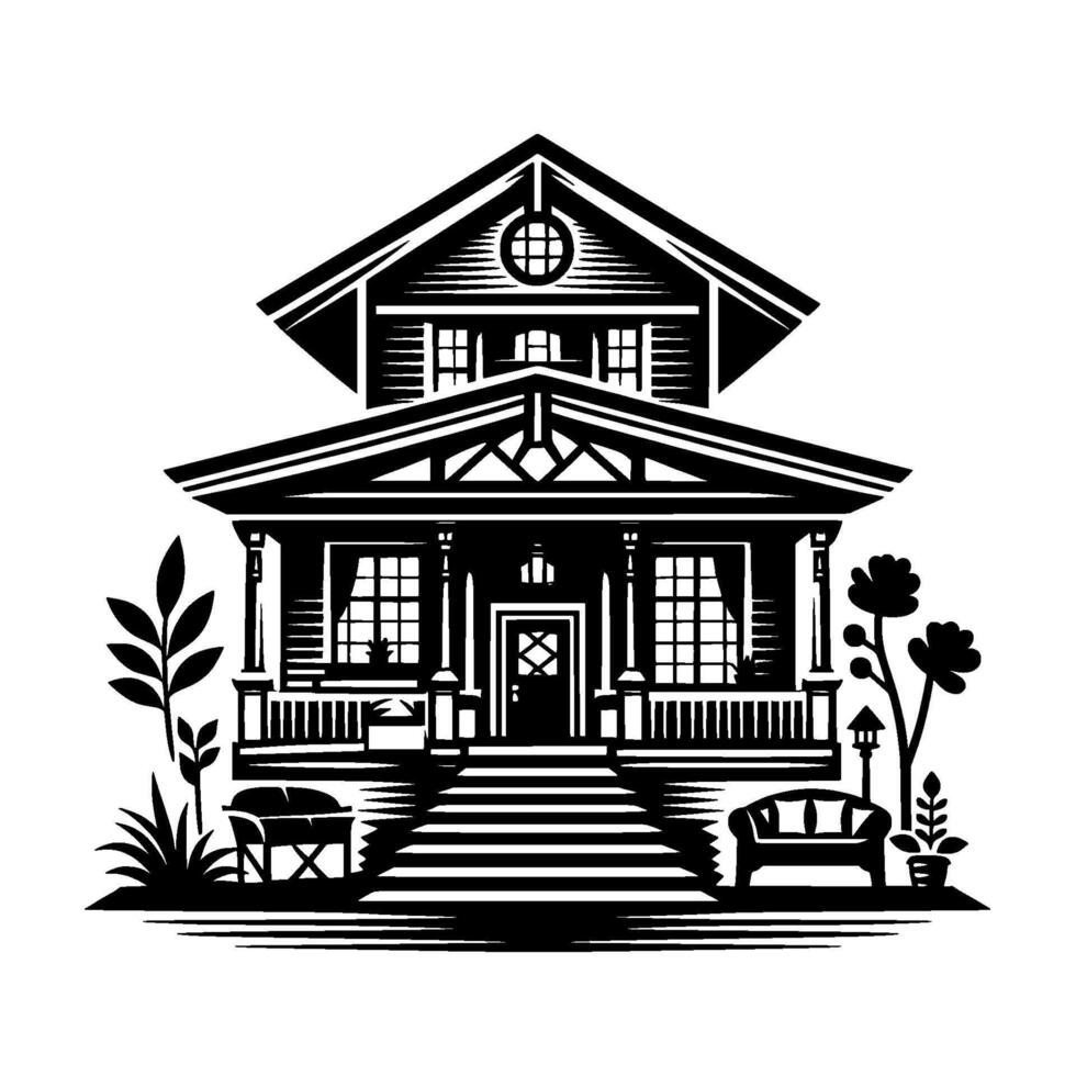Detailed blackandwhite illustration of a charming twostory house with porch, steps, garden elements, conveying a welcoming, classic feel. vector