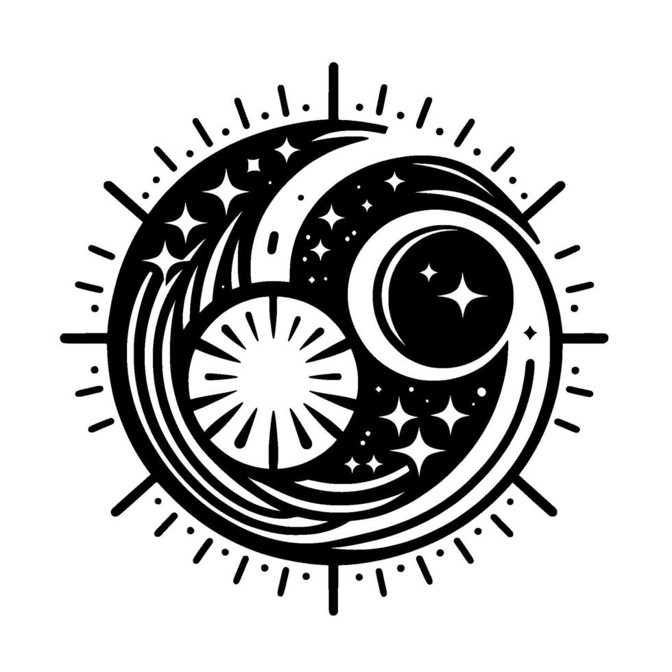 Celestial YinYang A stylized black and white illustration of celestial bodies within a circle, including sun, moon, stars, and a stylized solarlike arrangement. vector