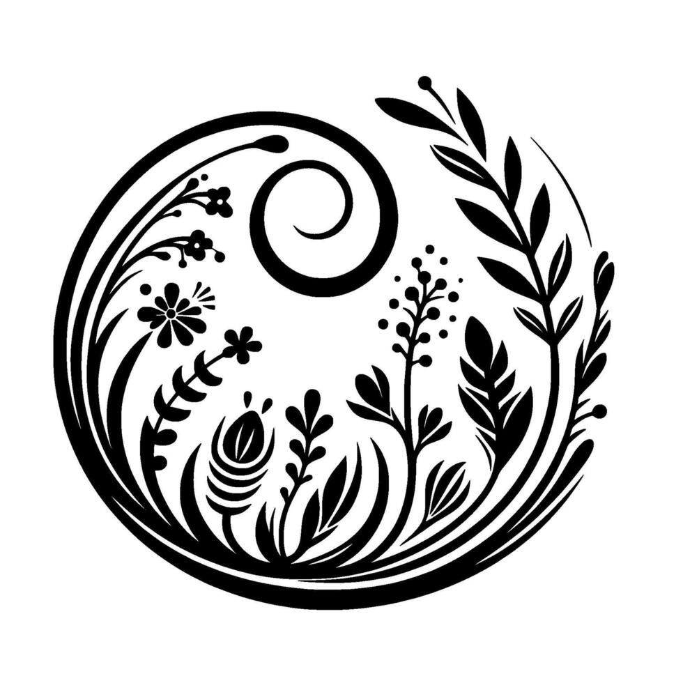 Circular Black and White Floral with Swirl, Featuring Stylized Leaves, Flowers, and Plants, Evoking Nature and Minimalism. vector