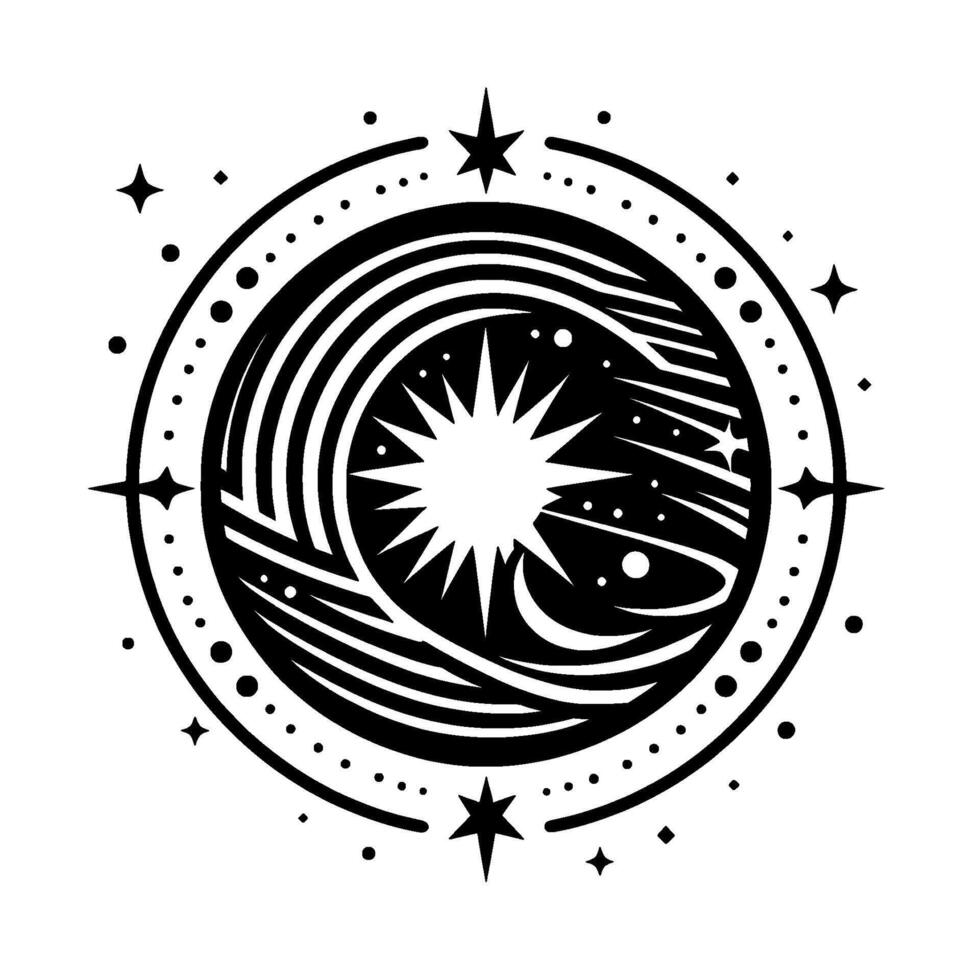 Celestial Emblem Intricate black and white illustration featuring a sunburst, swirling patterns, and a starstudded circle, creating an esoteric . vector