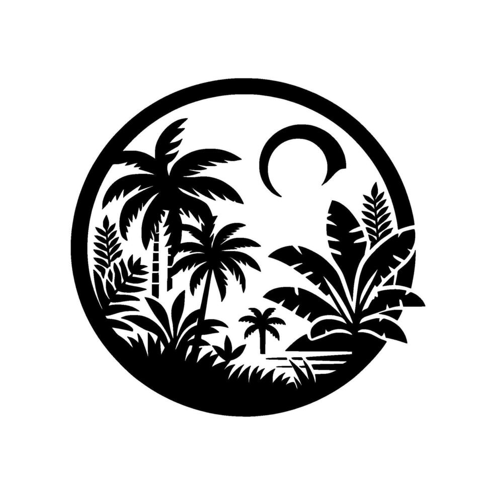 Silhouette of Tropical Paradise in a Circle Palm Trees, Crescent Moon, and Lush Foliage vector