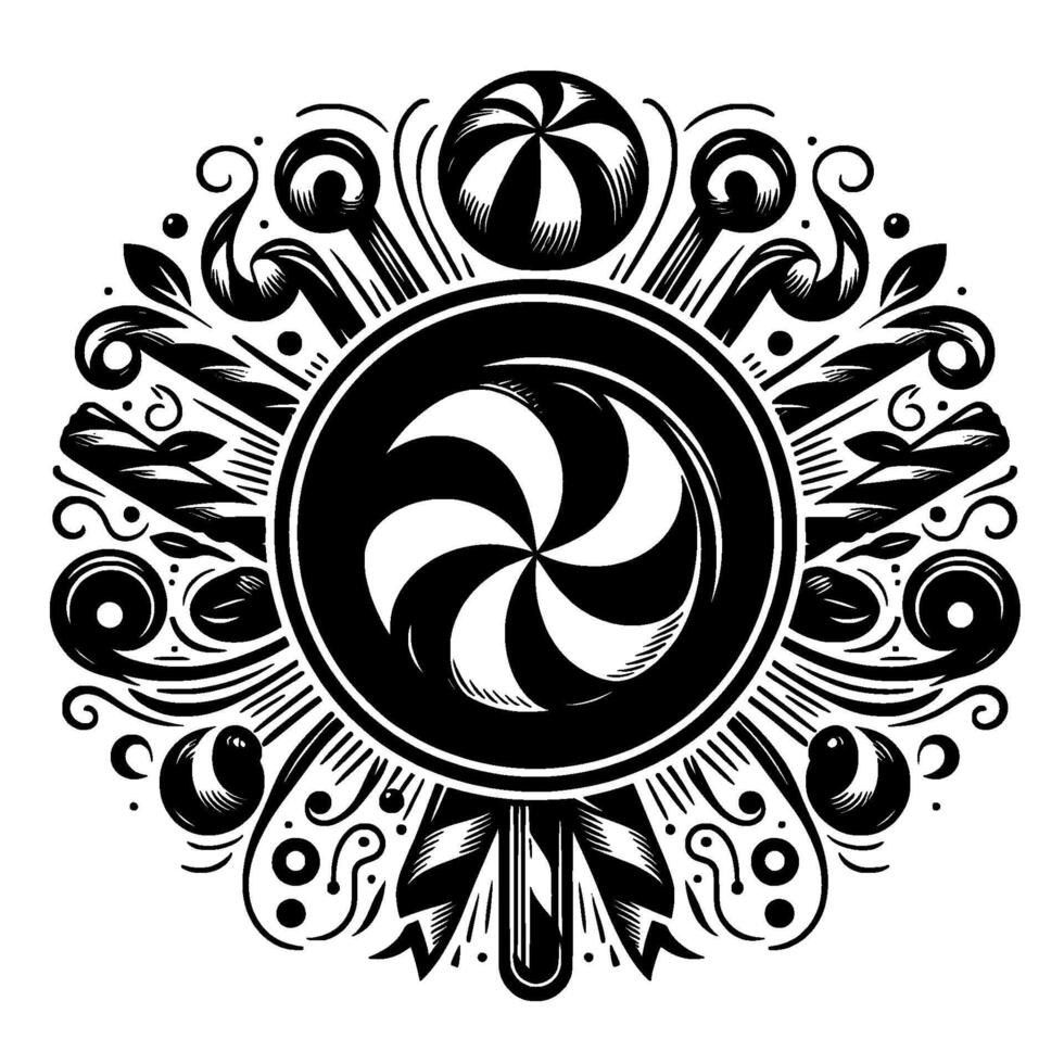 Intricate Black and White Circular Ornament A Swirling Candy Centerpiece Adorned with Stylized Ornaments and Details. vector