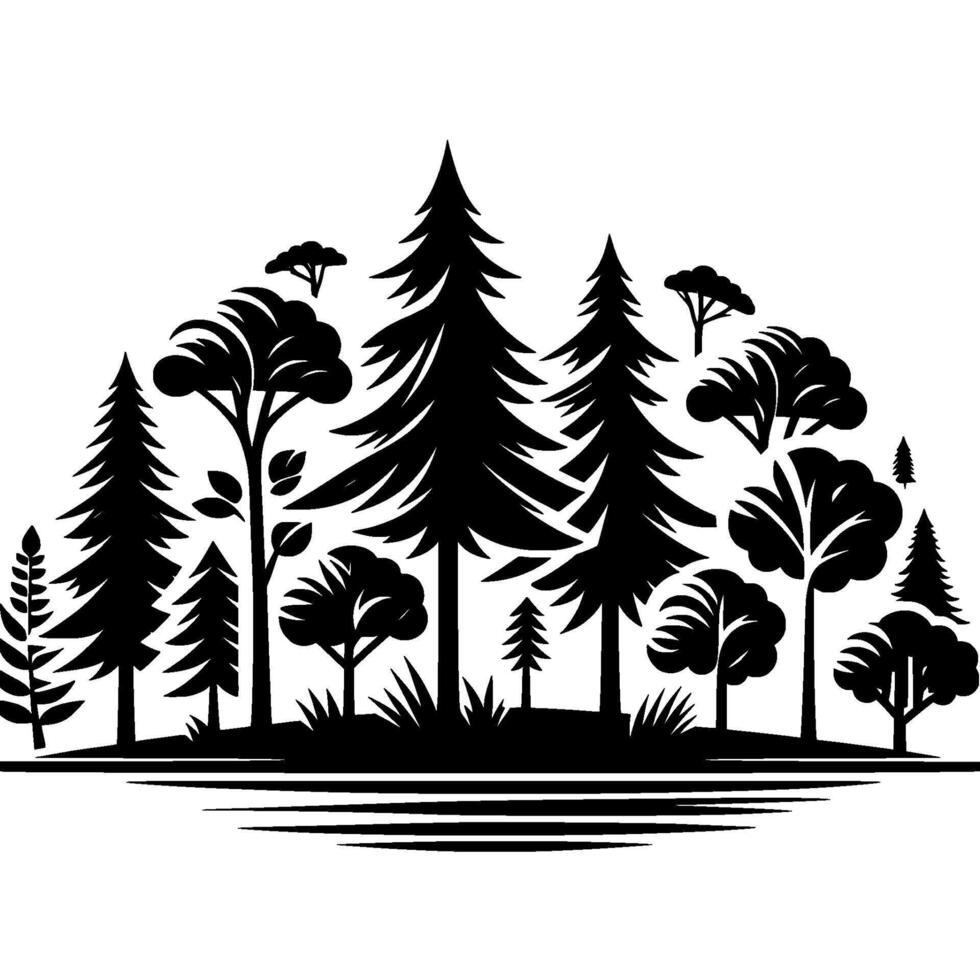 Stylized Black and White Forest Silhouette Diverse Trees and Foliage in Symmetrical Composition with Horizon Line. vector