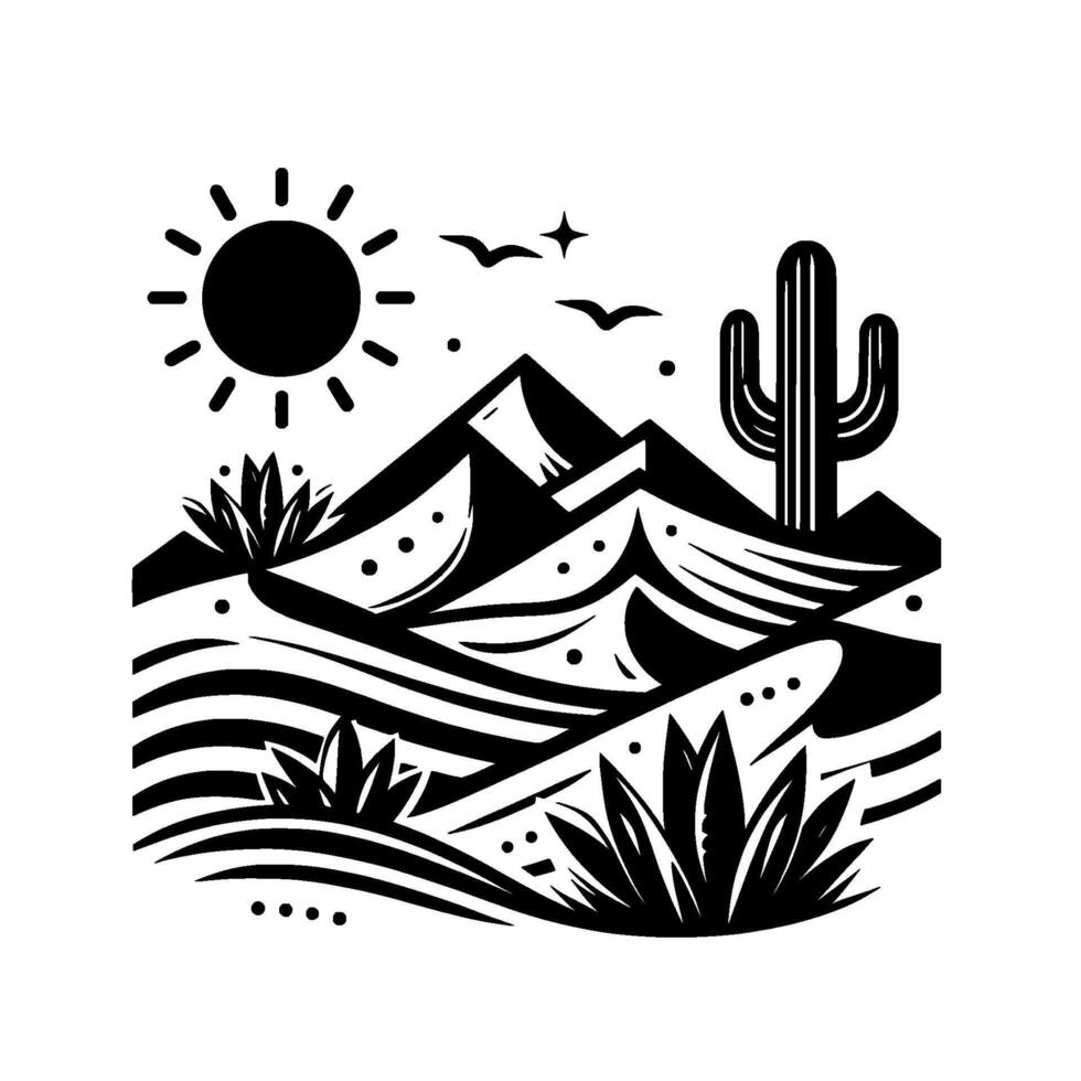 Minimalist Black and White Desert Landscape Illustration with Sun, Mountains, Cactus, and Birds. vector