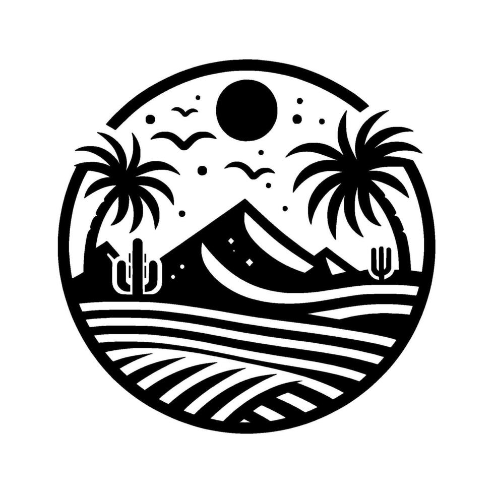 Black and white desert landscape within a circle with palm trees, mountains, a sun, birds, and cactuses in a stylized and minimalist . vector