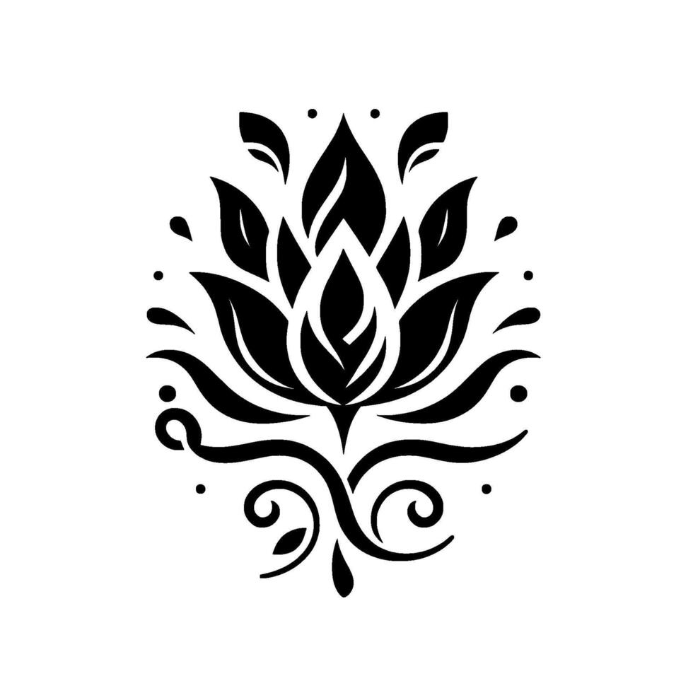 Intricate Black Lotus Flower Ornament with Detailed Petals, Swirls, and Decorative Droplets on White Background. vector
