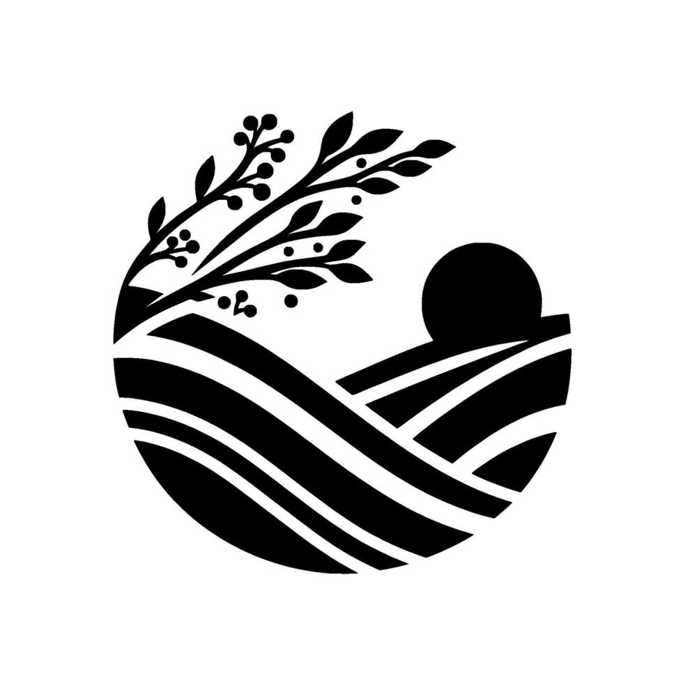 Elegant Black White Circular Branch, Berries, Rolling Hills, and Sun, Minimalist . vector